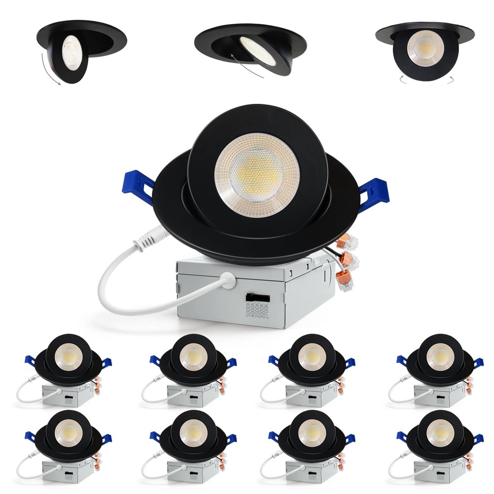 Adetu 4 Inch Black Gimbal LED Recessed Light 5CCT 10W 982LM 8 Pack 360° Tilt